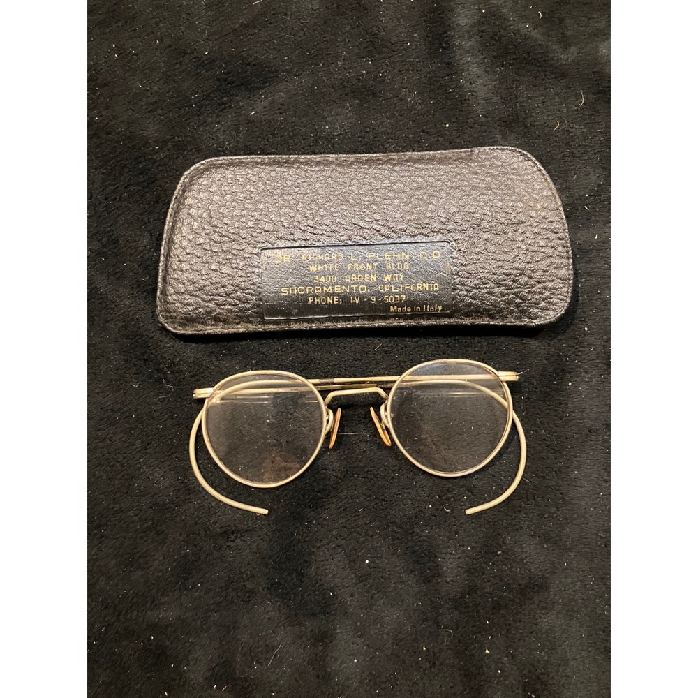 Vintage Round Wire Eyeglasses Gold Tone Cable Temple With Leather Case